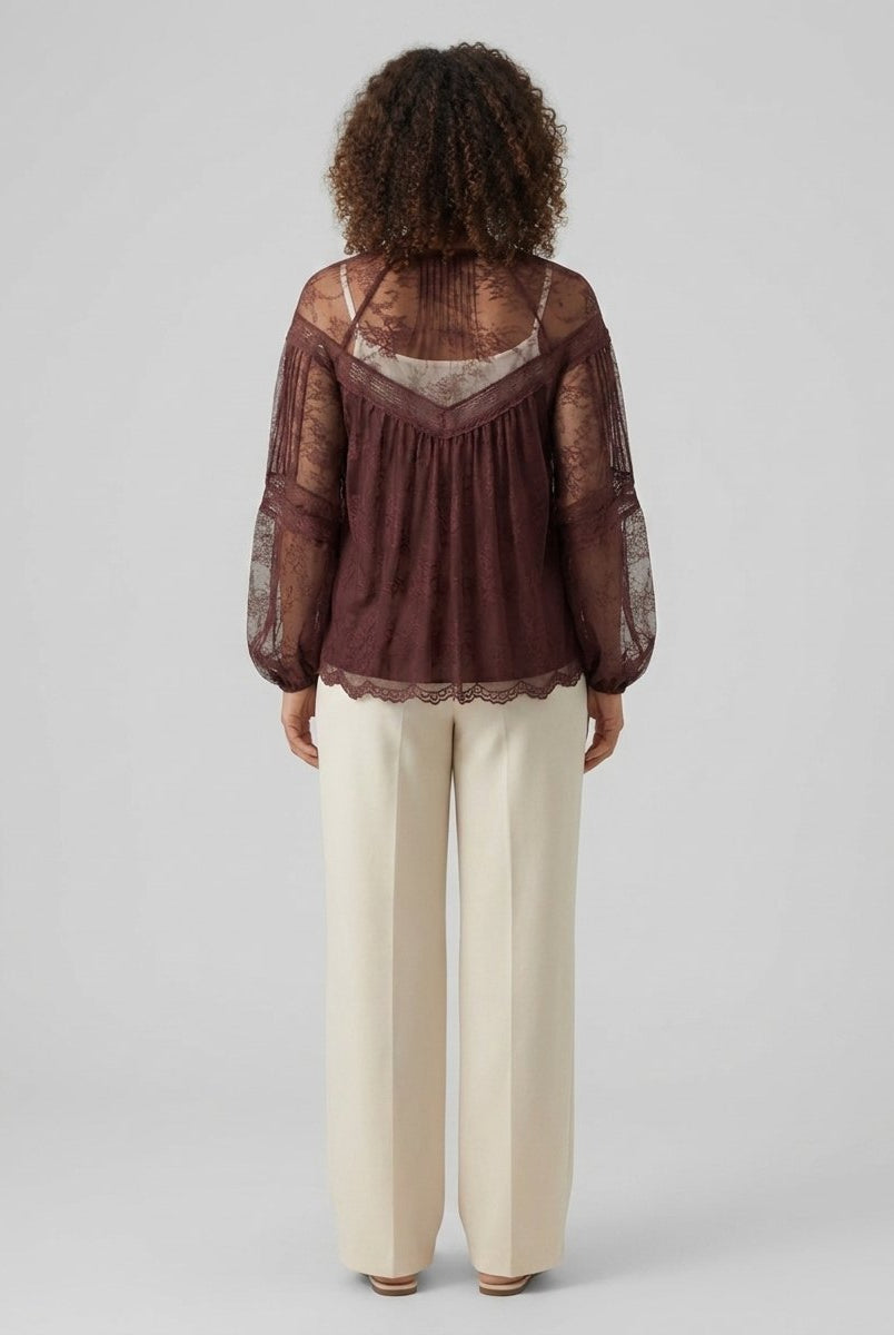 Sheer lace blouse with balloon sleeves and a scalloped hem, view 4