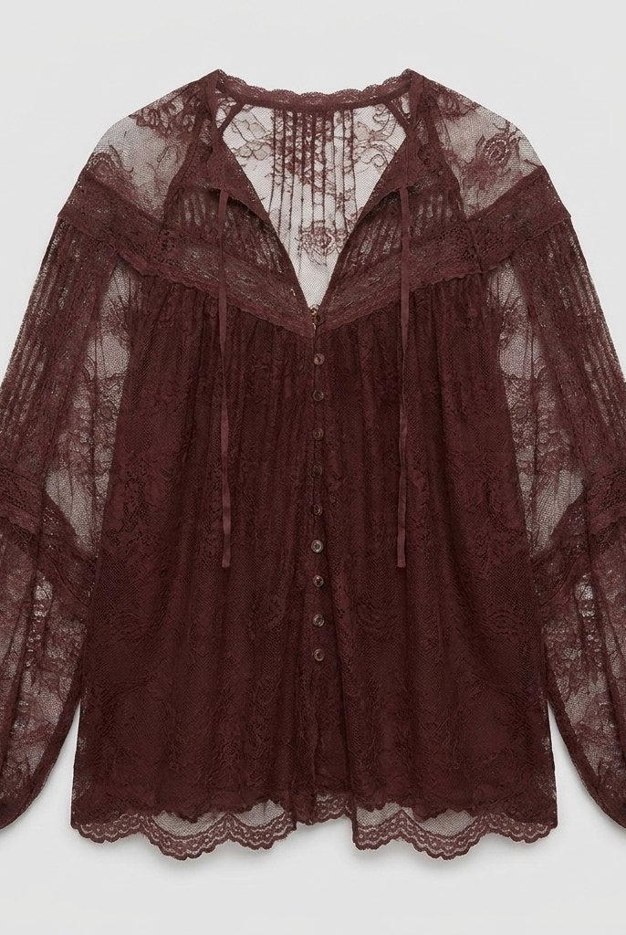 Sheer lace blouse with balloon sleeves and a scalloped hem, view 5