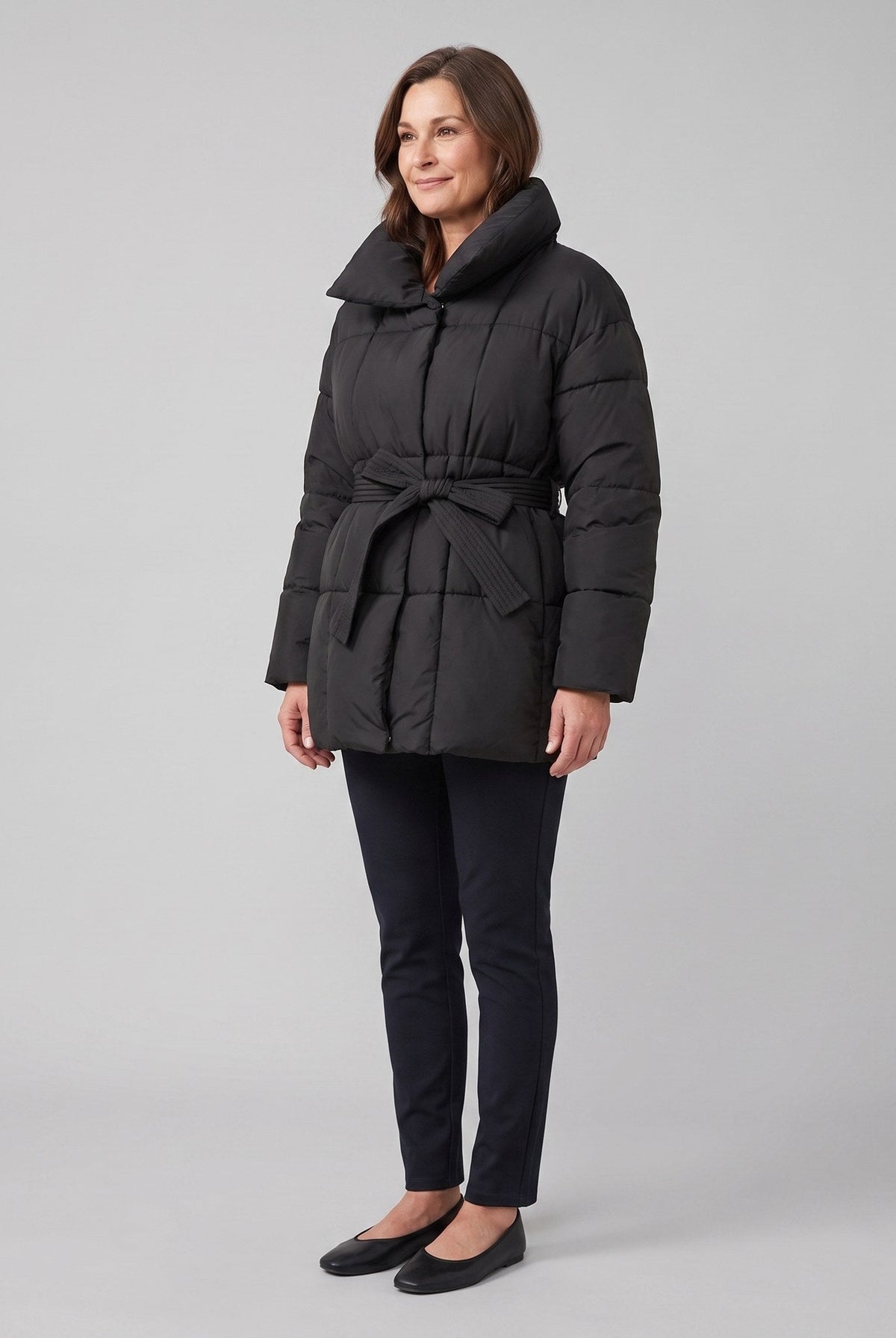 Black belted puffer coat, view 2