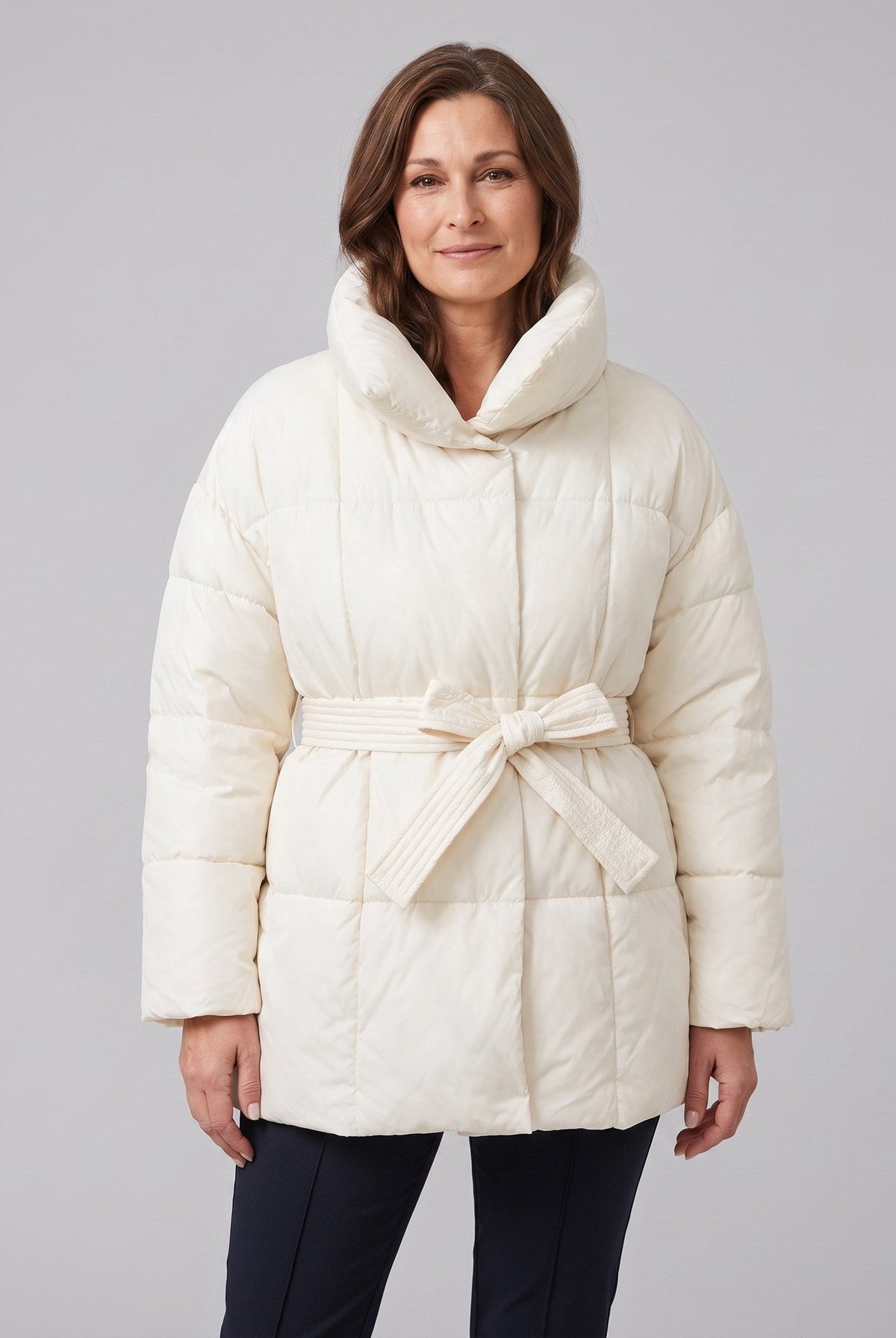 White belted puffer coat, view 3