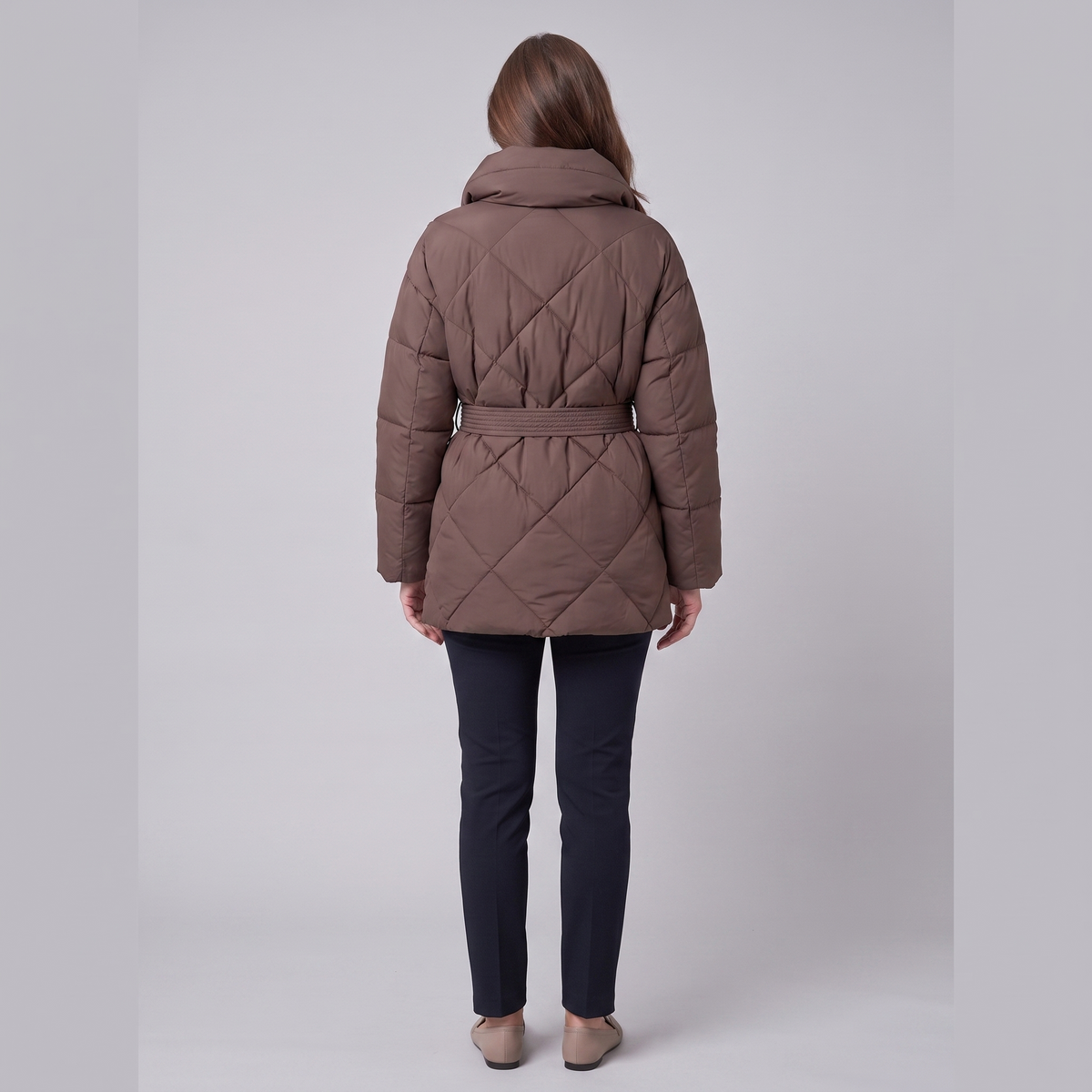 Brown belted puffer coat, back view