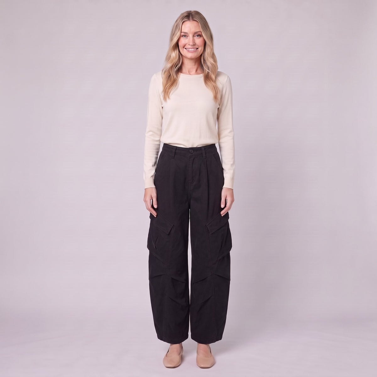 Inara baggy cargo trousers in black, front view on model