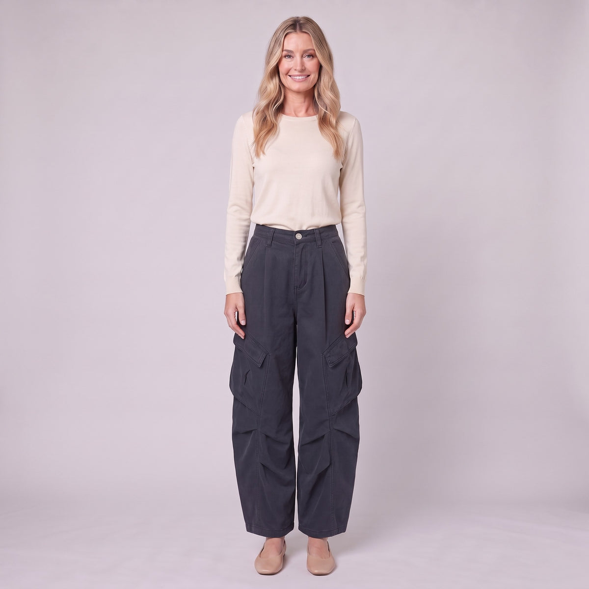Inara baggy cargo trousers in dark navy blue, front view on model