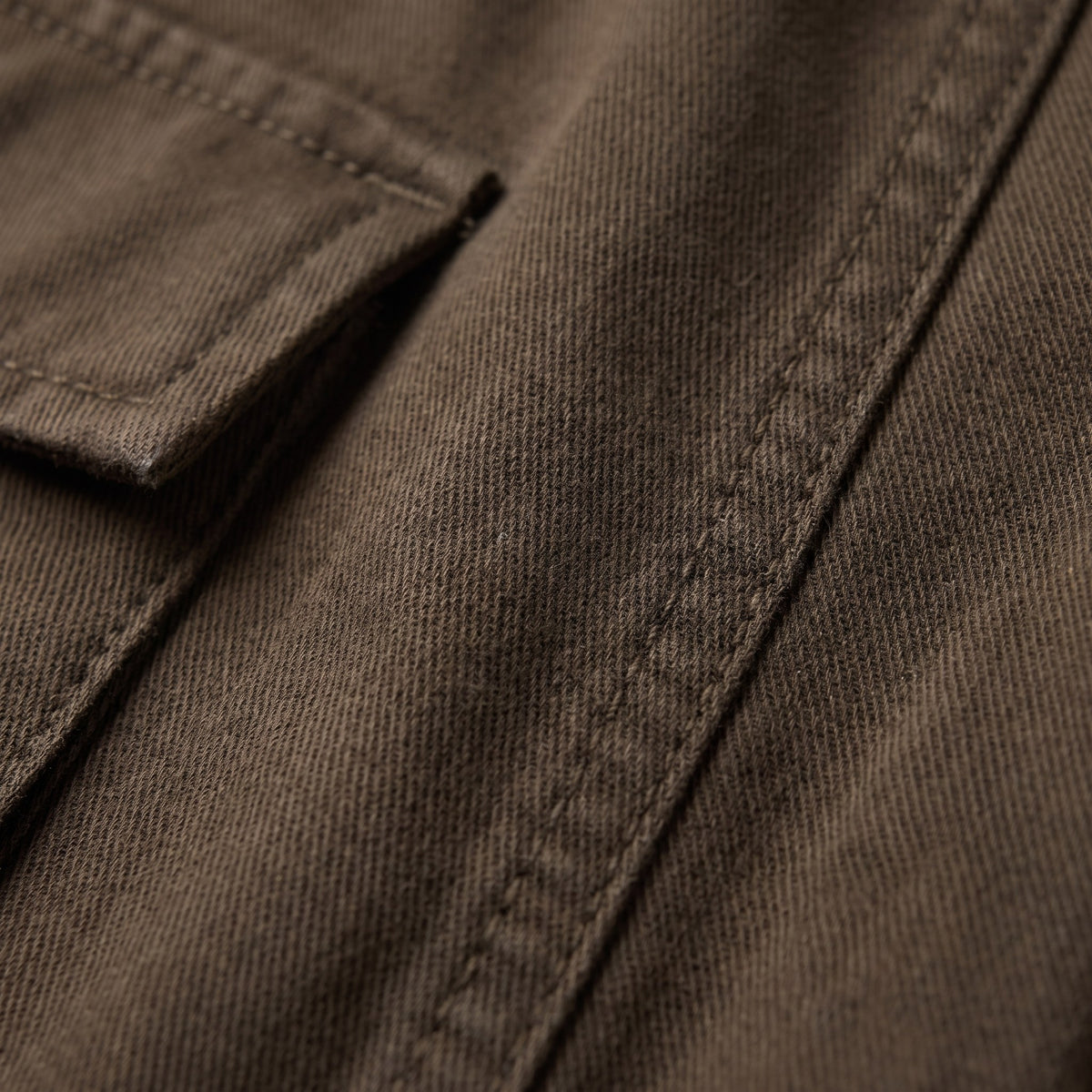 Inara cargo trousers fabric detail, cotton twill weave and pocket flap close-up
