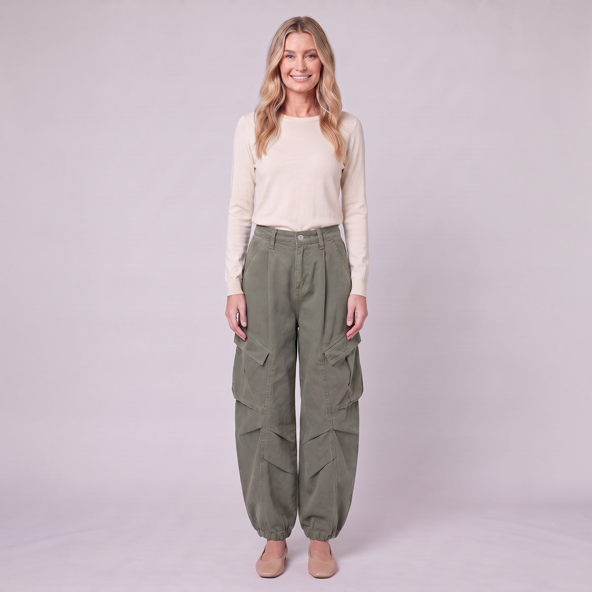 Inara baggy cargo trousers in army sage green, front view on model