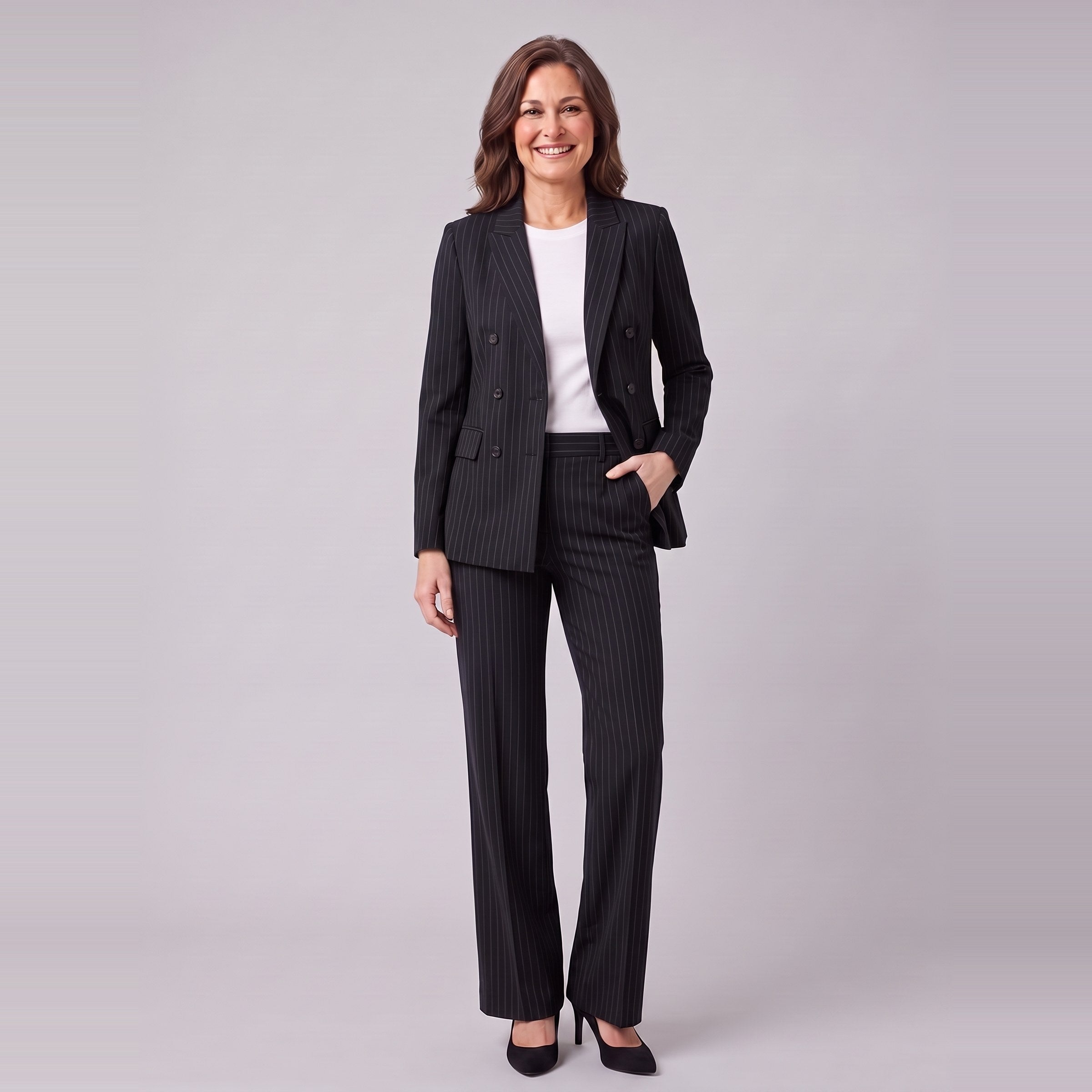 Iris black pinstripe double-breasted suit with wide-leg trousers, front view