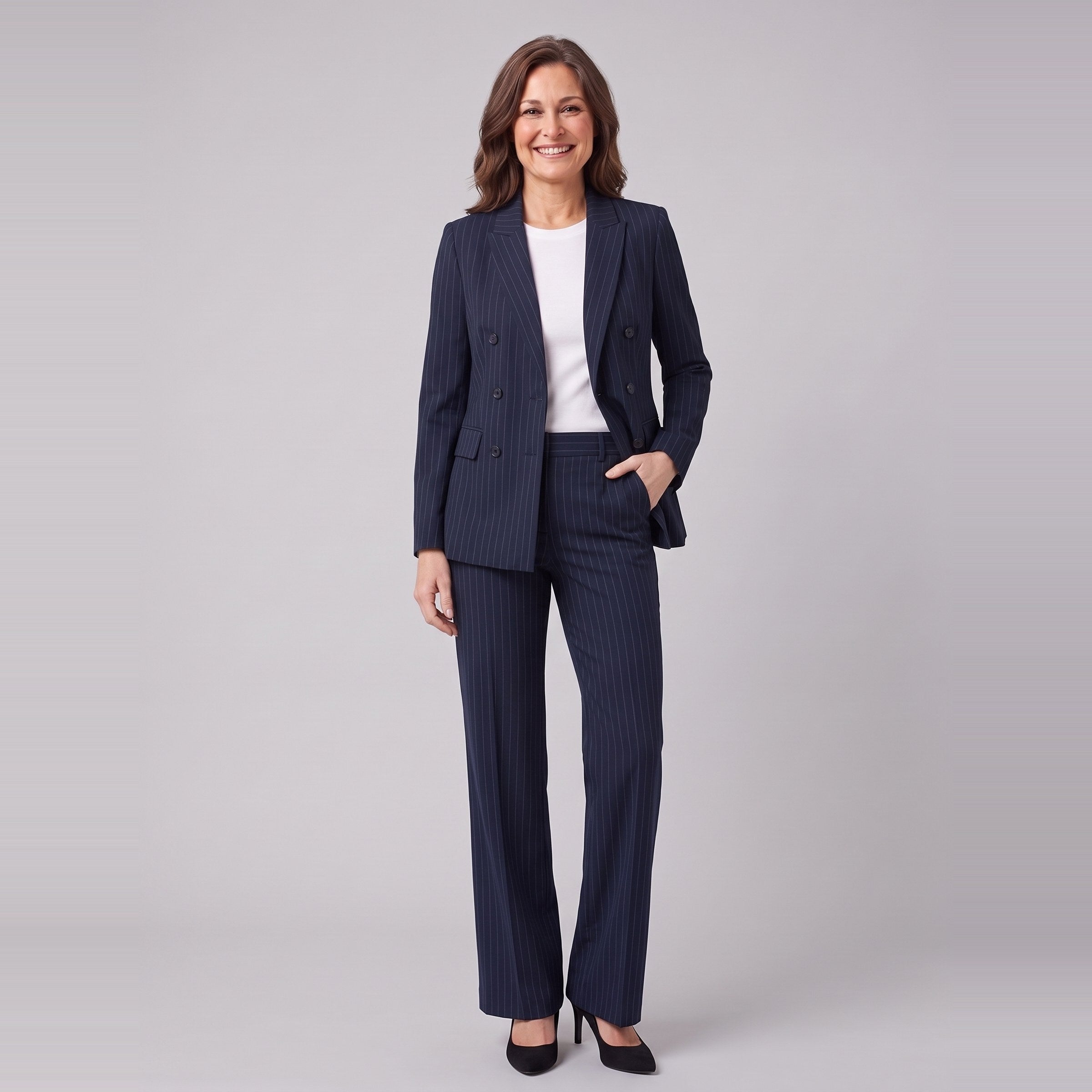 Iris navy pinstripe double-breasted blazer with matching wide-leg trousers, front view