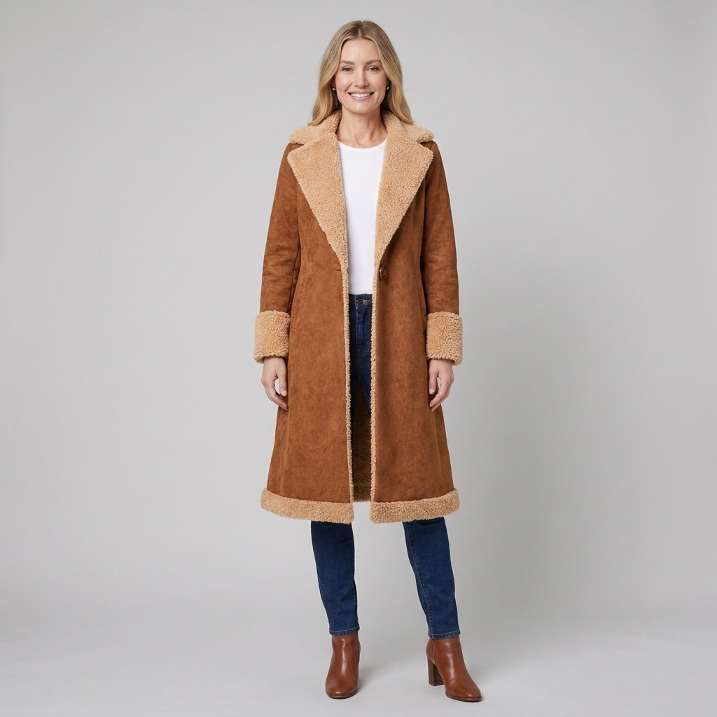 Brown full-length trench coat in faux suede with a faux fur lining, view 1