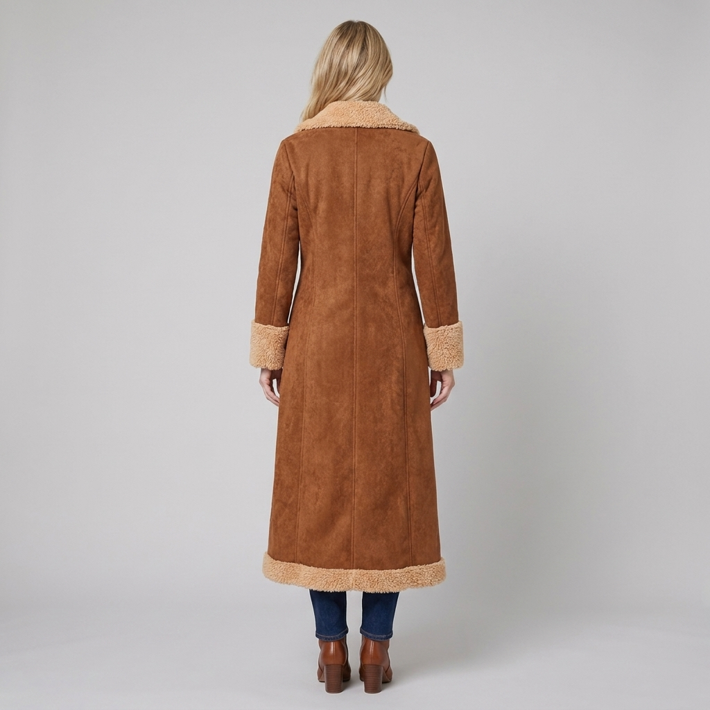 Brown faux suede coat falling to the ankle, view 4