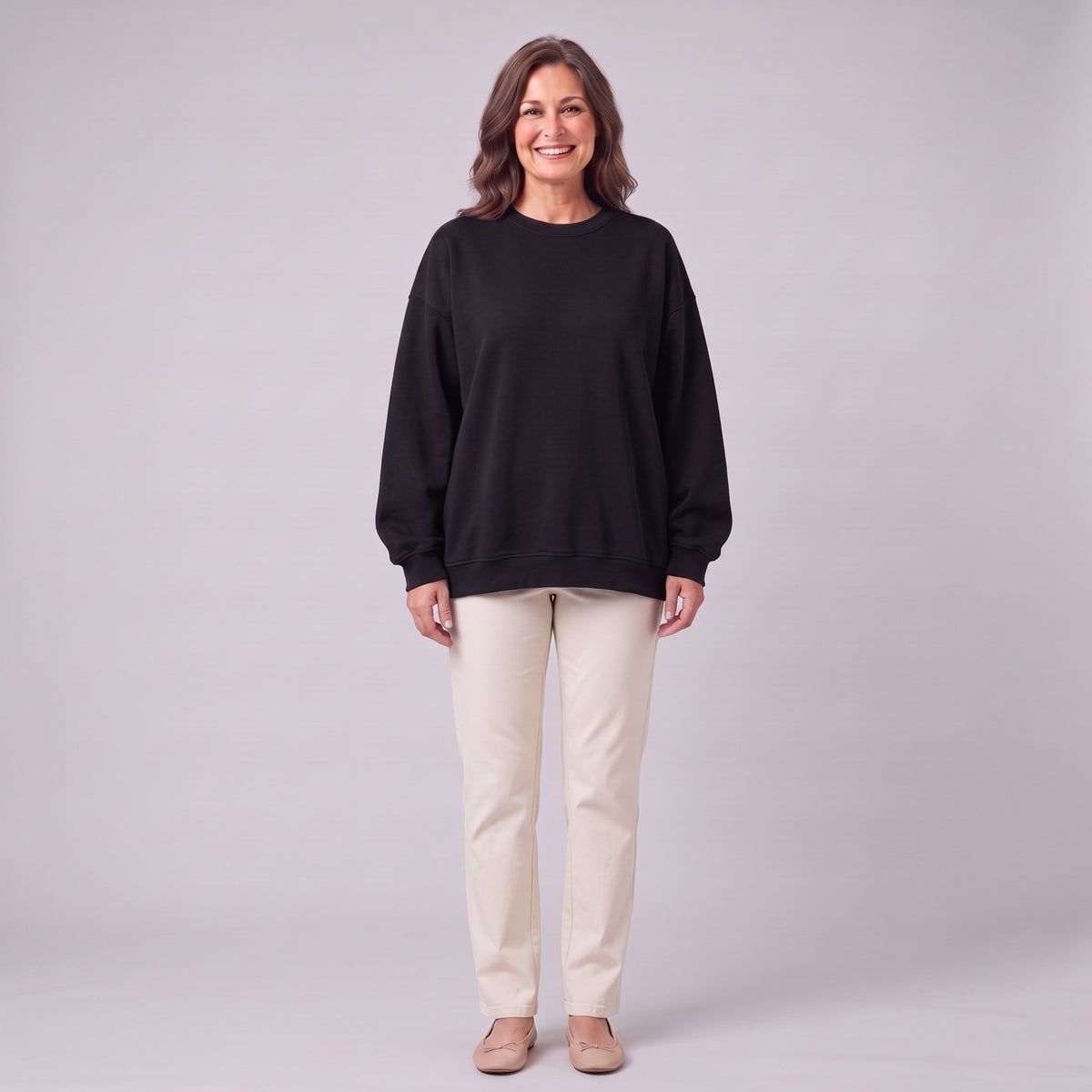 Kaia oversized sweatshirt in black, front view on model