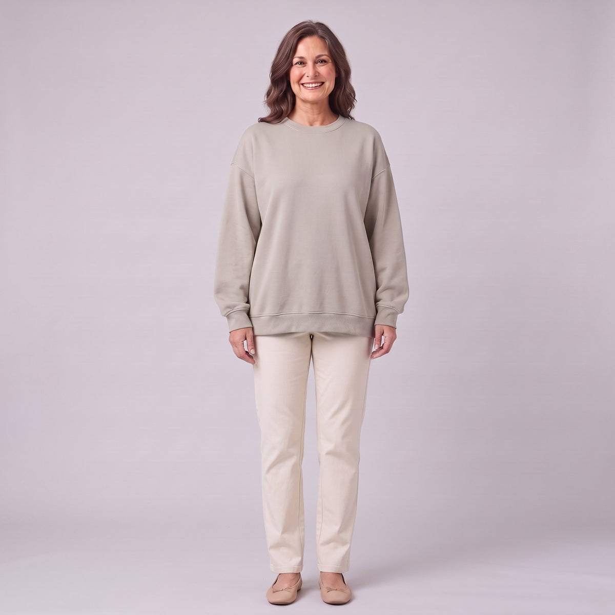 Kaia oversized sweatshirt in light greige, front view on model