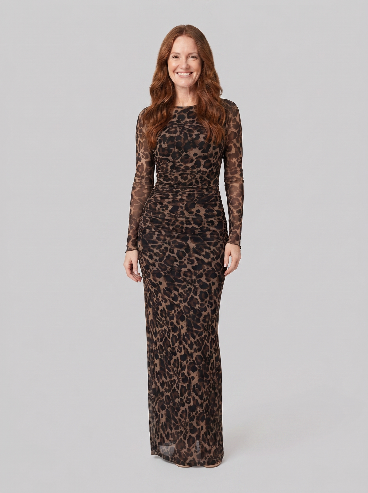 Leopard print gown with long sleeves in stretch mesh, view 1