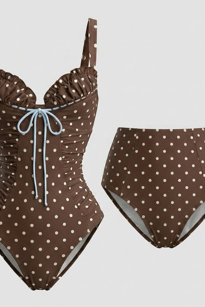 One-piece swimming costume in light coffee with a polka dot print, view 1