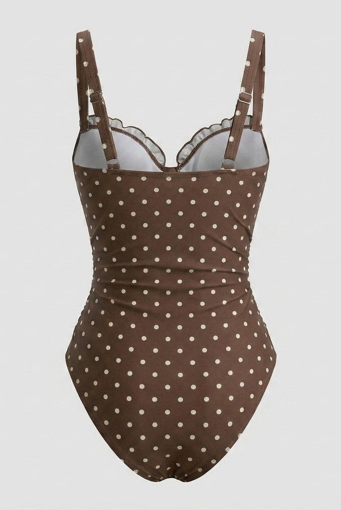 High rise swimming costume with a vintage polka dot print, view 2