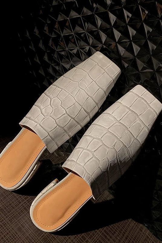 Croc-embossed mules with a low block heel, view 2