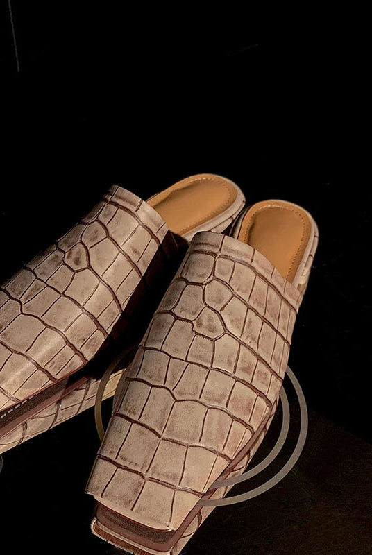 Croc-embossed mules in a leather blend with a low heel, view 3