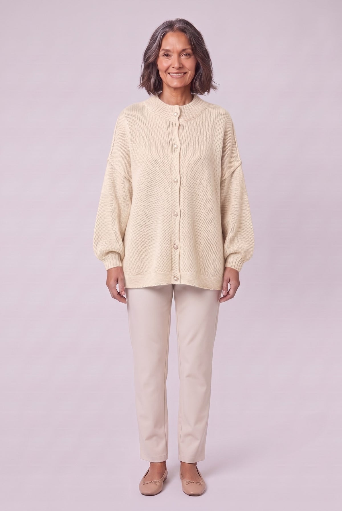 Magali oversized cardigan in cream beige, front view on model