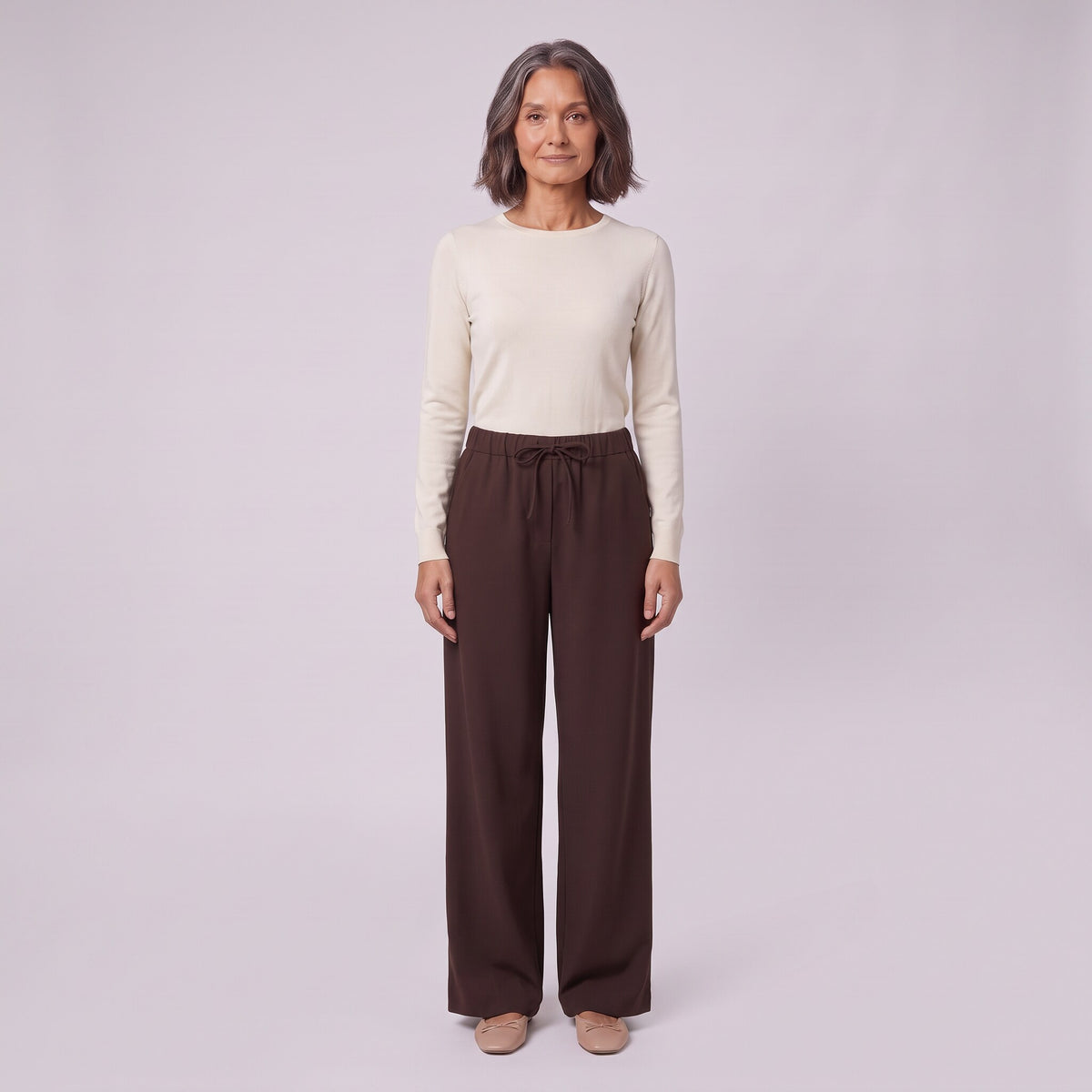 Mairead wide leg trousers in milk chocolate brown, front view on model