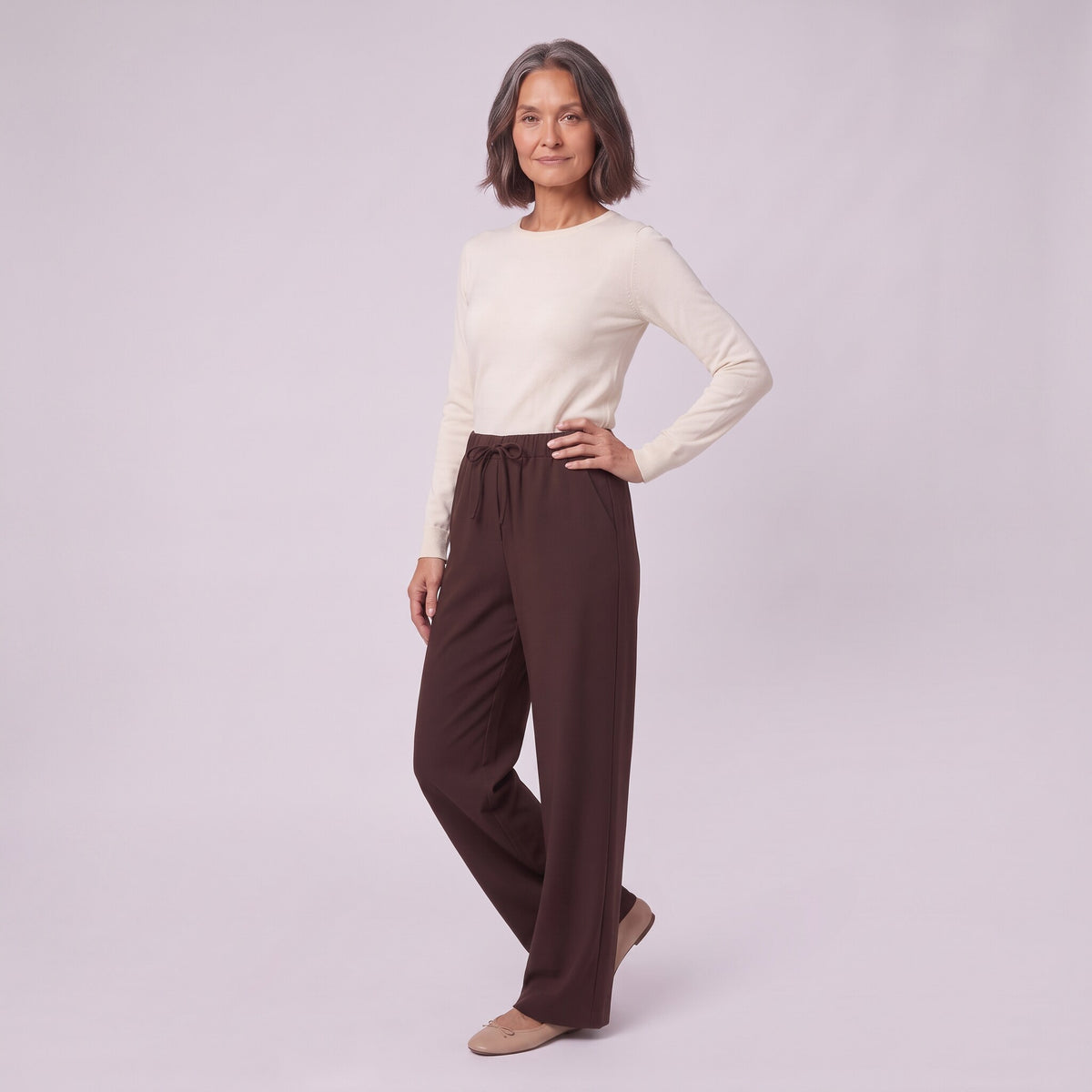 Mairead wide leg trousers in milk chocolate brown, three-quarter view showing the drawstring waist