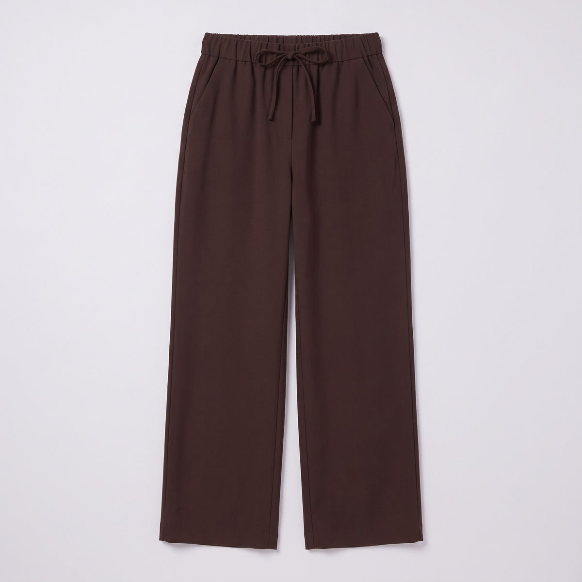 Mairead wide leg trousers flat lay, full garment in milk chocolate brown on light grey