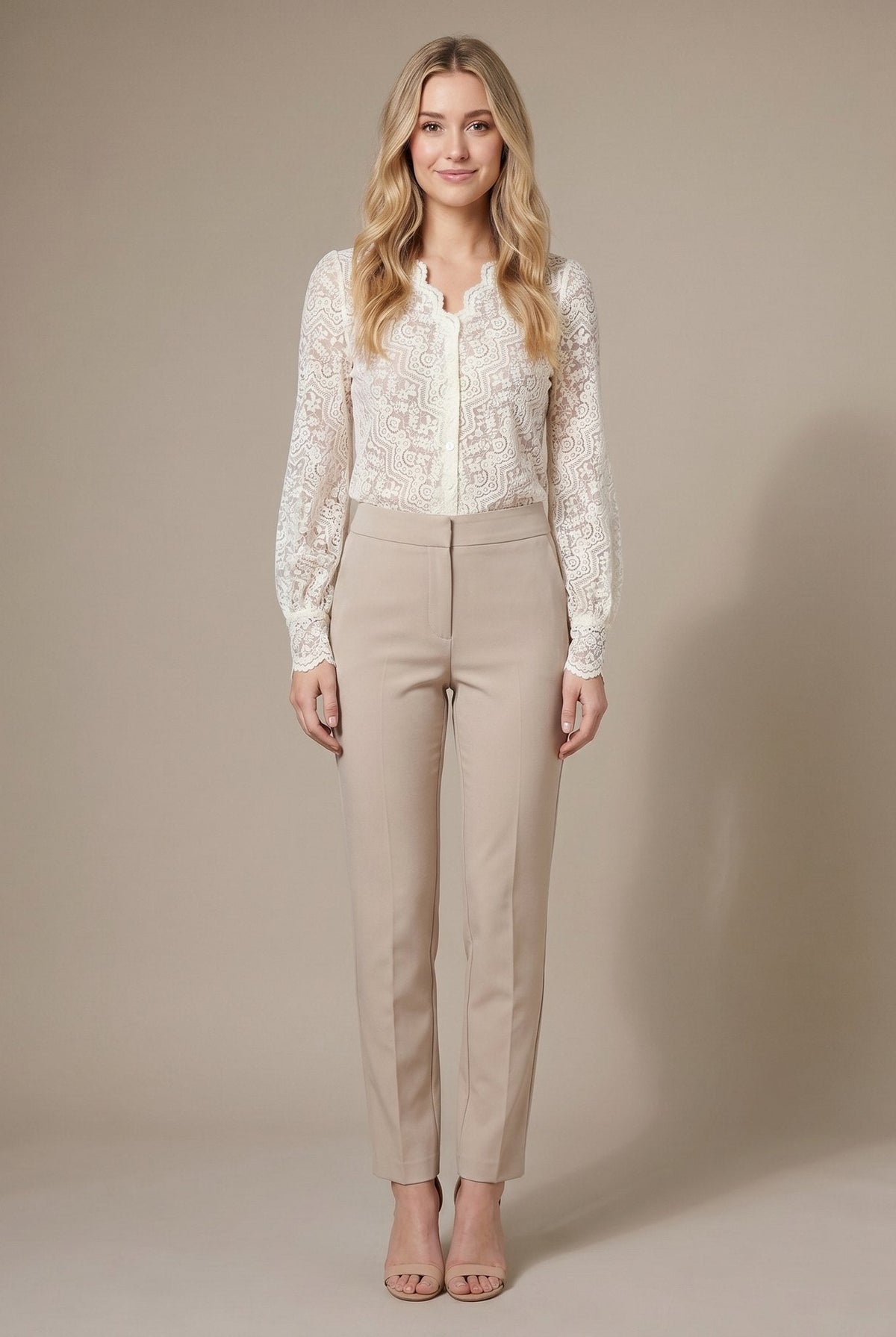 Cream sheer lace shirt with a button front, view 1