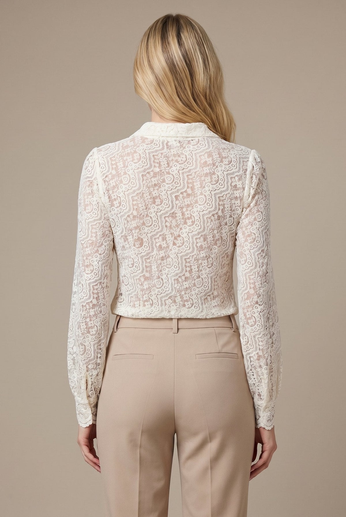 Cream sheer lace shirt with a button front, view 3