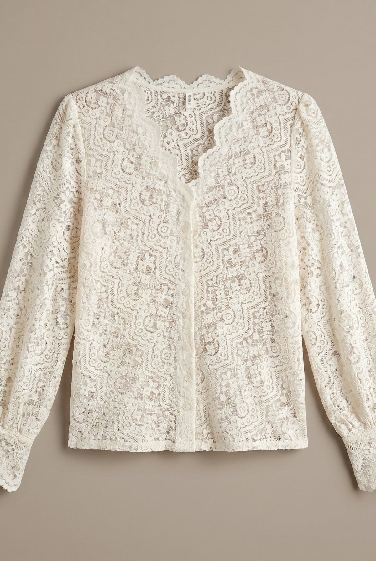 Cream sheer lace shirt with a button front, view 4