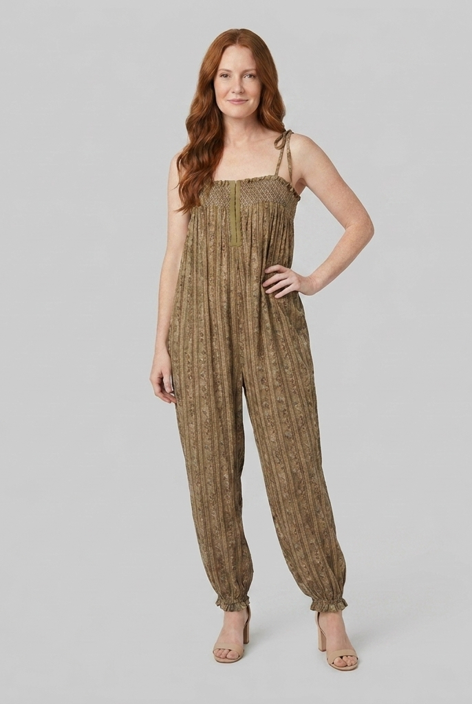 Brown jumpsuit with wide-leg trousers and adjustable straps, front view