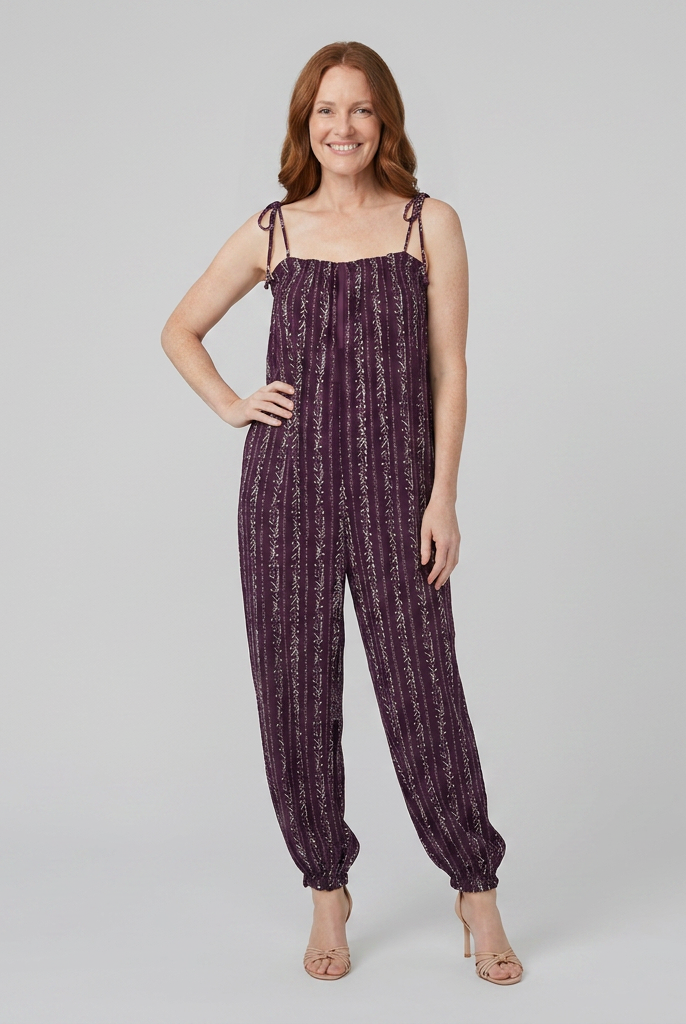 Purple jumpsuit with wide-leg trousers and adjustable straps, front view