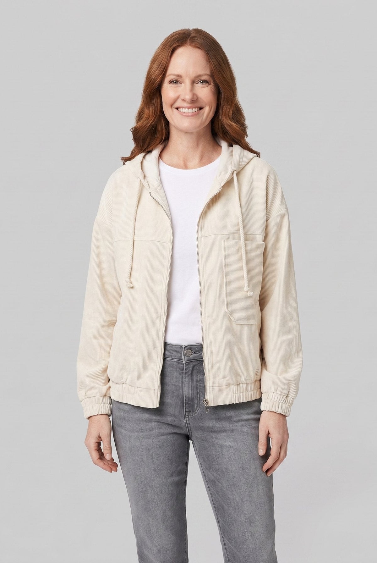 Hooded corduroy jacket with a zip front, view 1