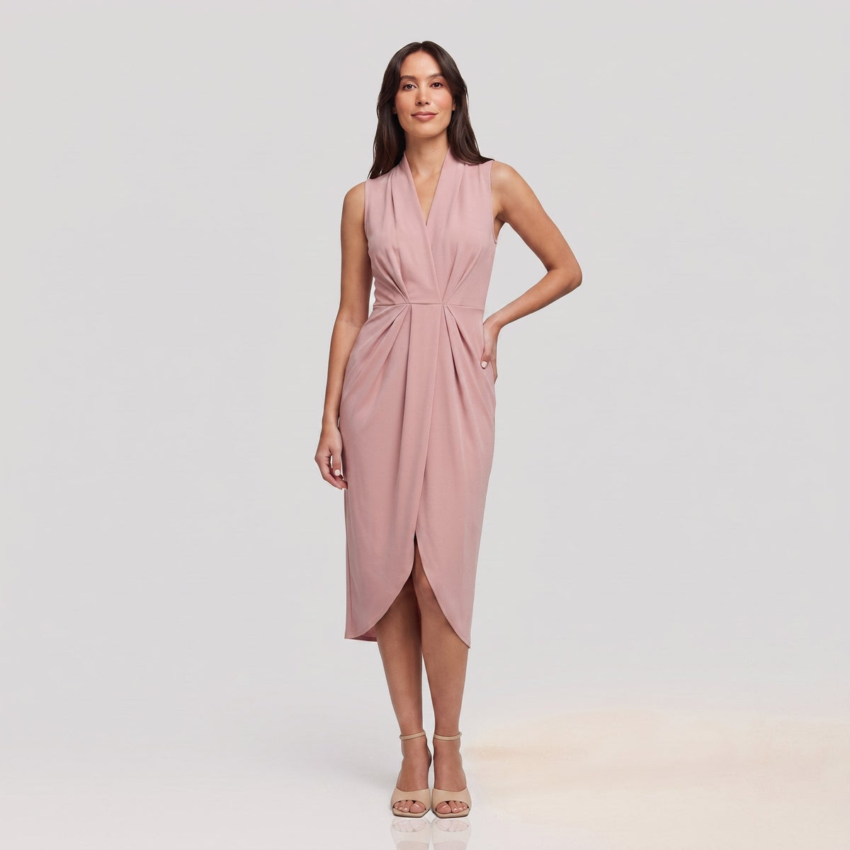 Dusty rose pink sleeveless V-neck midi dress with a draped front and side slit, view 6