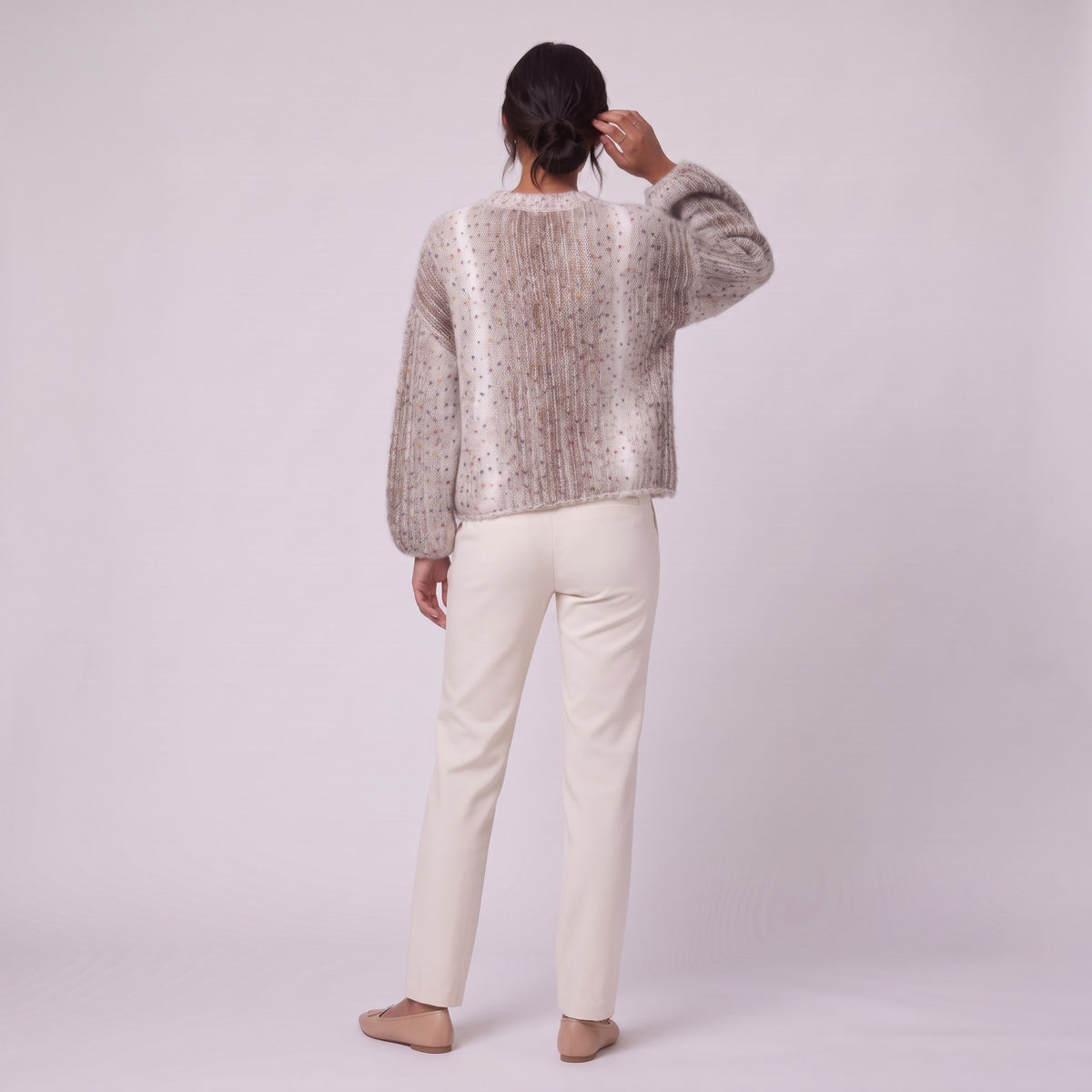 Nerissa speckled knit sweater in oatmeal, back view