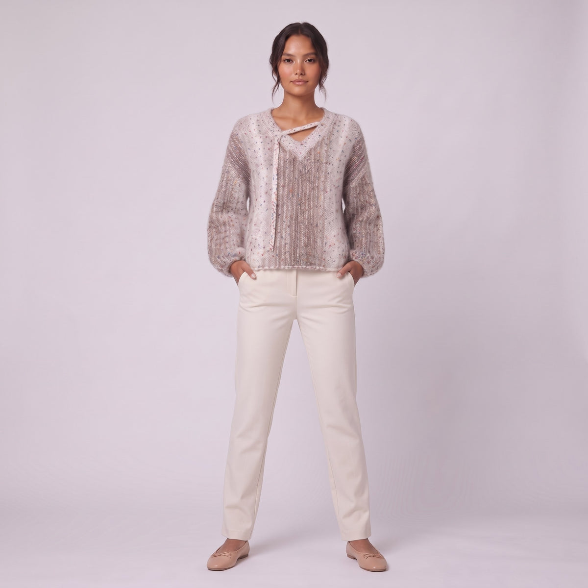 Nerissa speckled knit sweater in oatmeal, full front view showing the boxy fit
