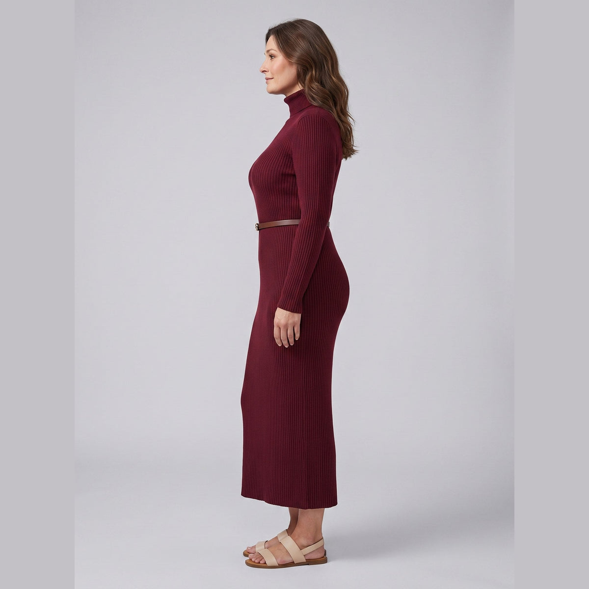 Burgundy stretch-rib turtleneck midi dress, side view