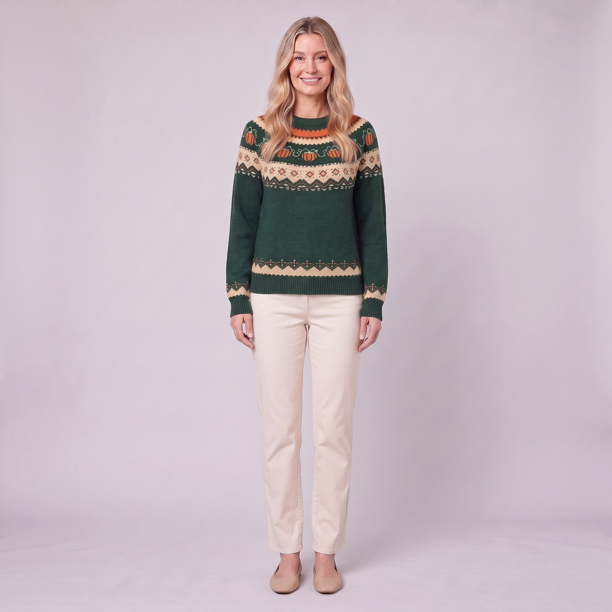 Nieve pumpkin fair isle sweater in forest green, front view on model with cream trousers