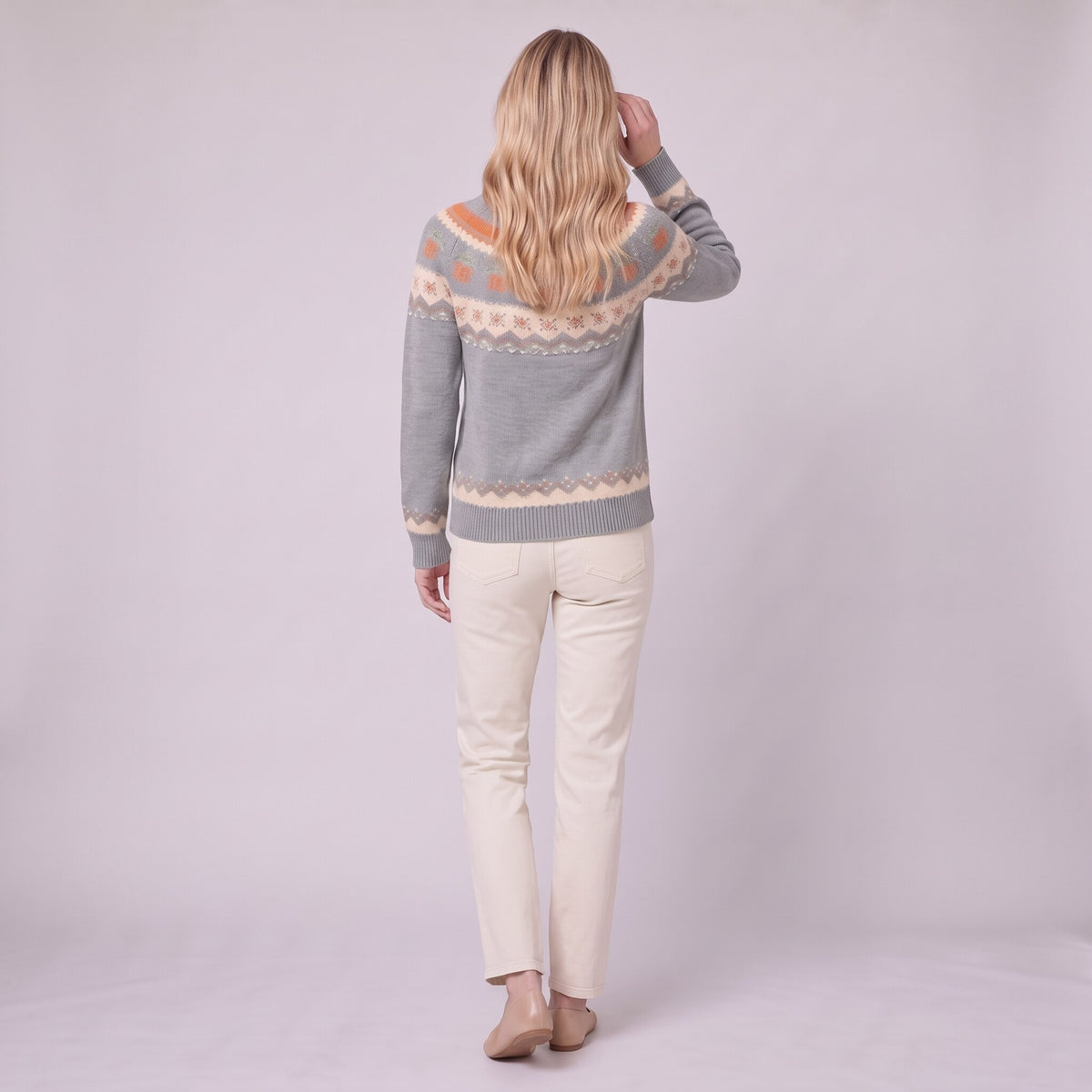 Nieve pumpkin fair isle sweater in grey, back view showing patterned yoke