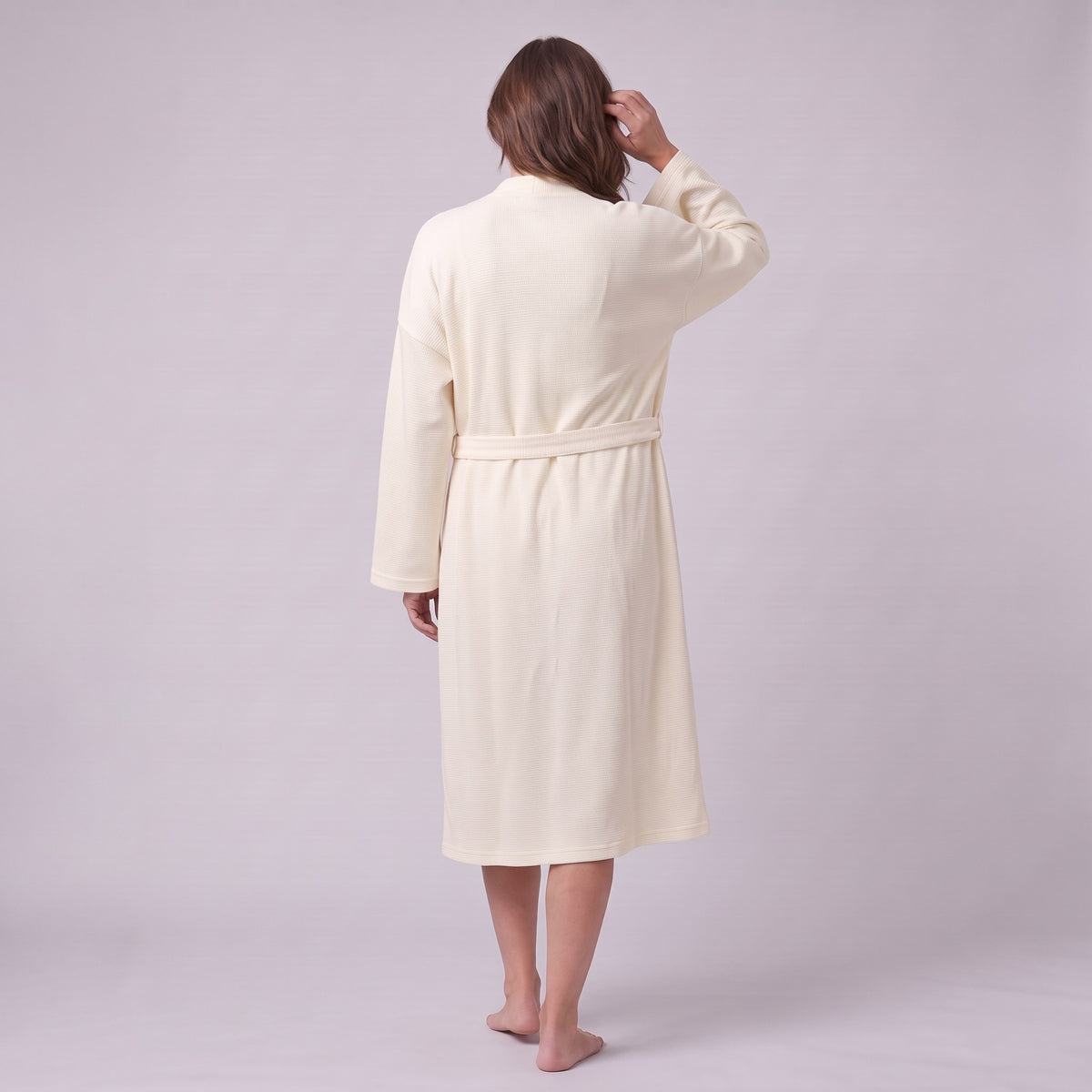 Ninon waffle lounge set in cream, back view of the wrap robe