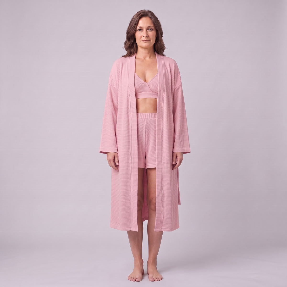 Ninon waffle lounge set in dusty rose pink, front view on model