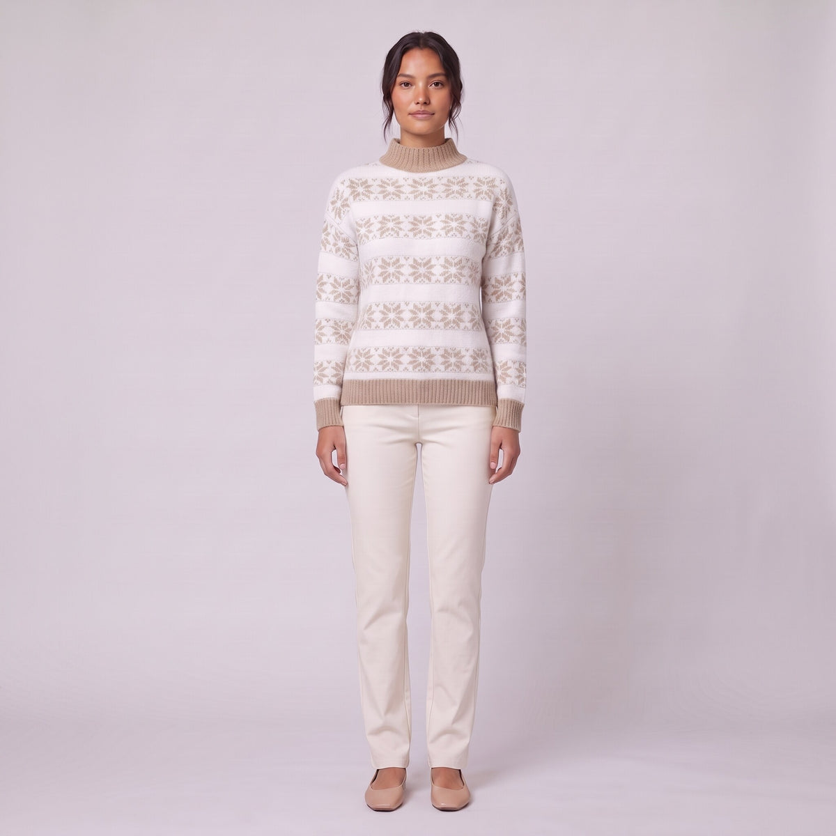 Nova snowflake knit sweater in camel beige, front view on model