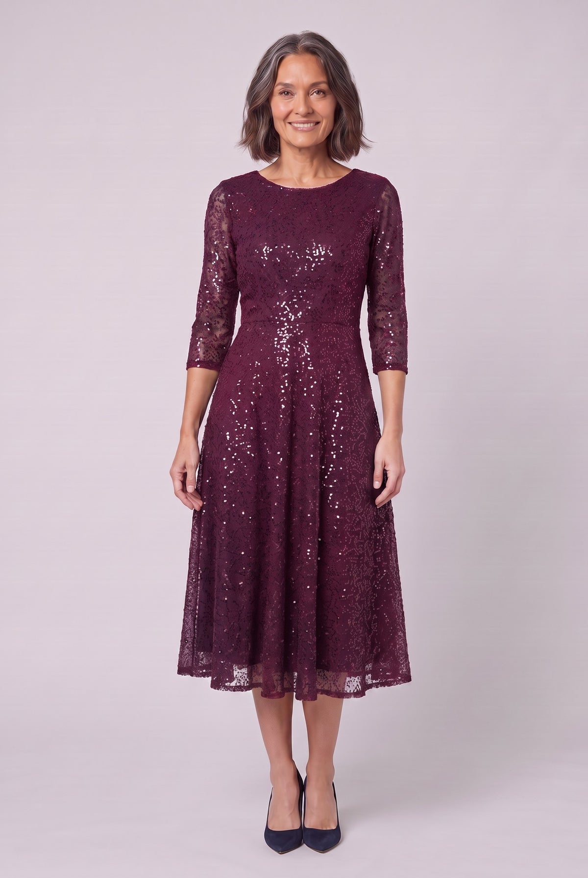 Novara sequin tea-length dress in burgundy, front view