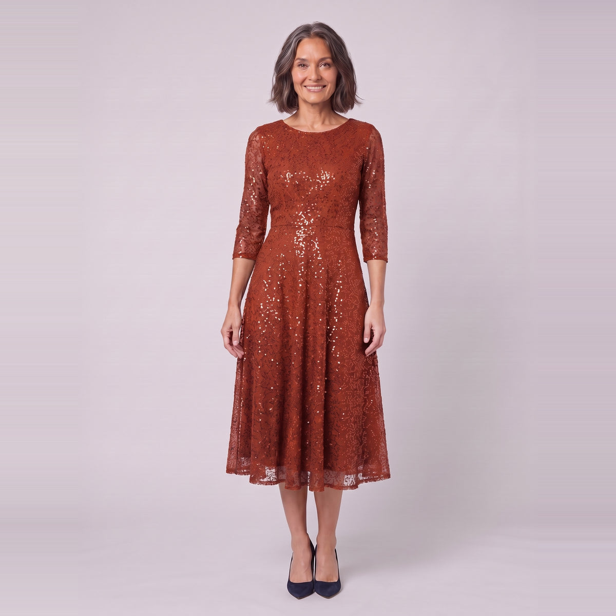 Novara sequin tea-length dress in burnt orange, front view