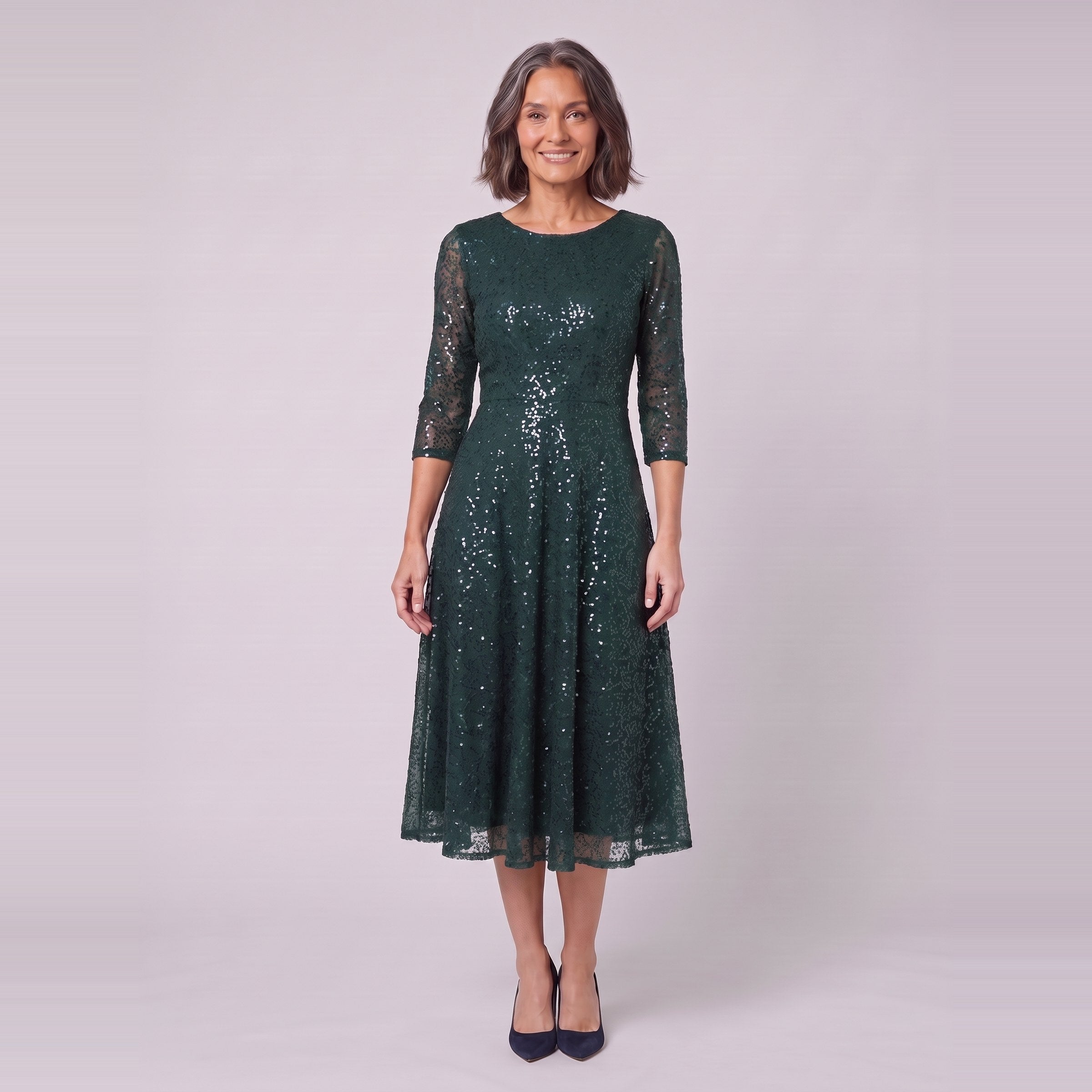 Novara sequin tea-length dress in dark green, front view