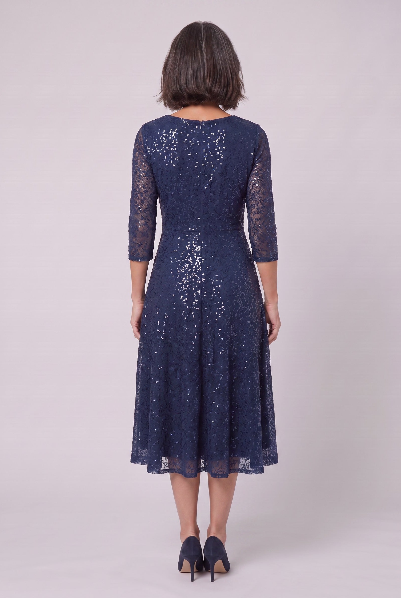 Novara navy sequin dress seen from behind