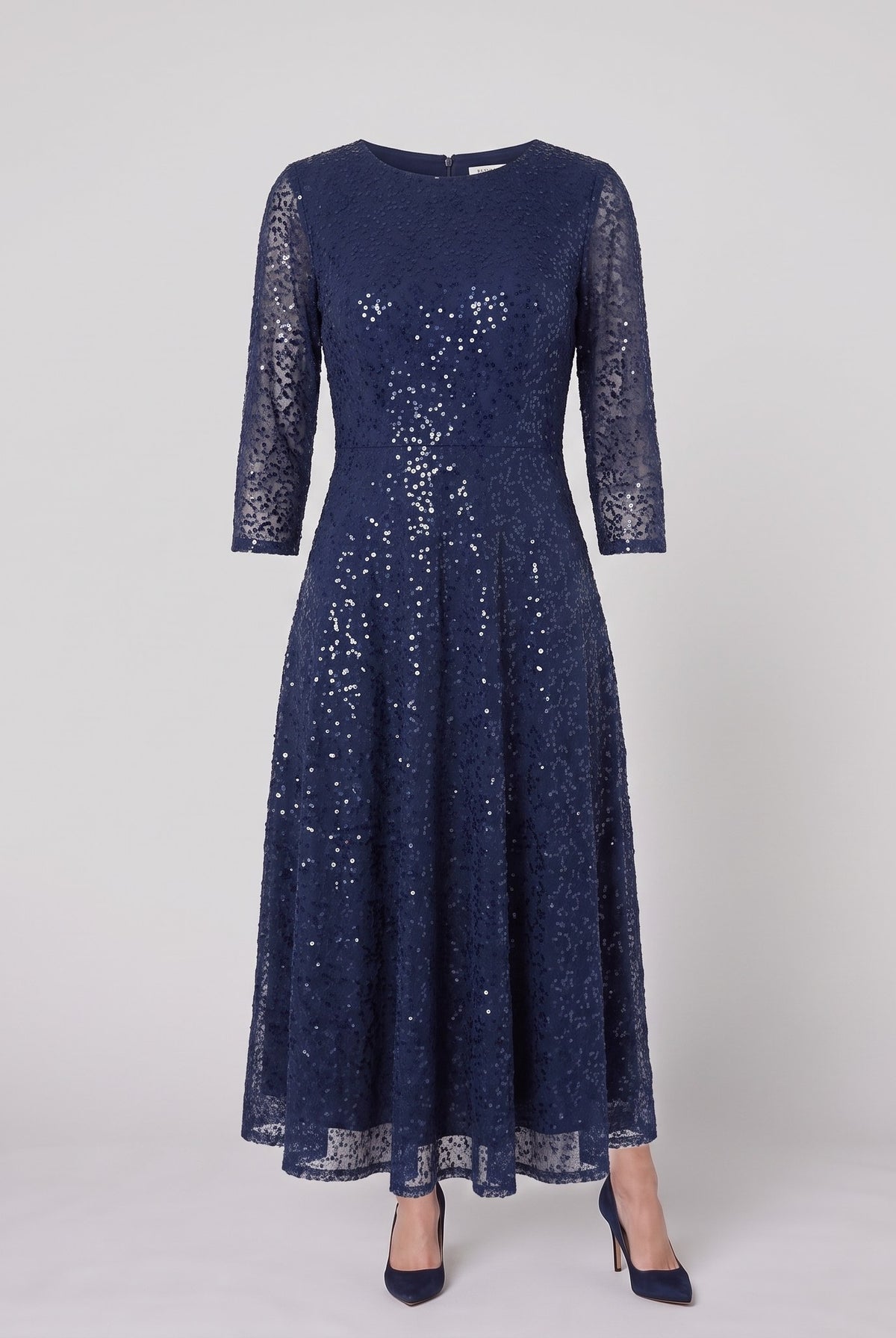 Novara navy sequin dress shown without a model on a light grey background