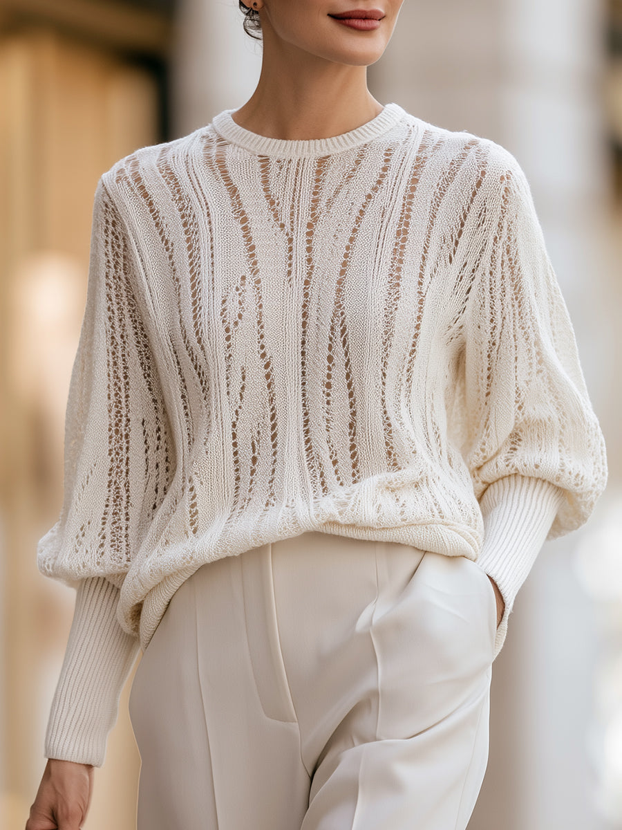 White ribbed jumper with openwork dolman sleeves in a lightweight knit, view 1