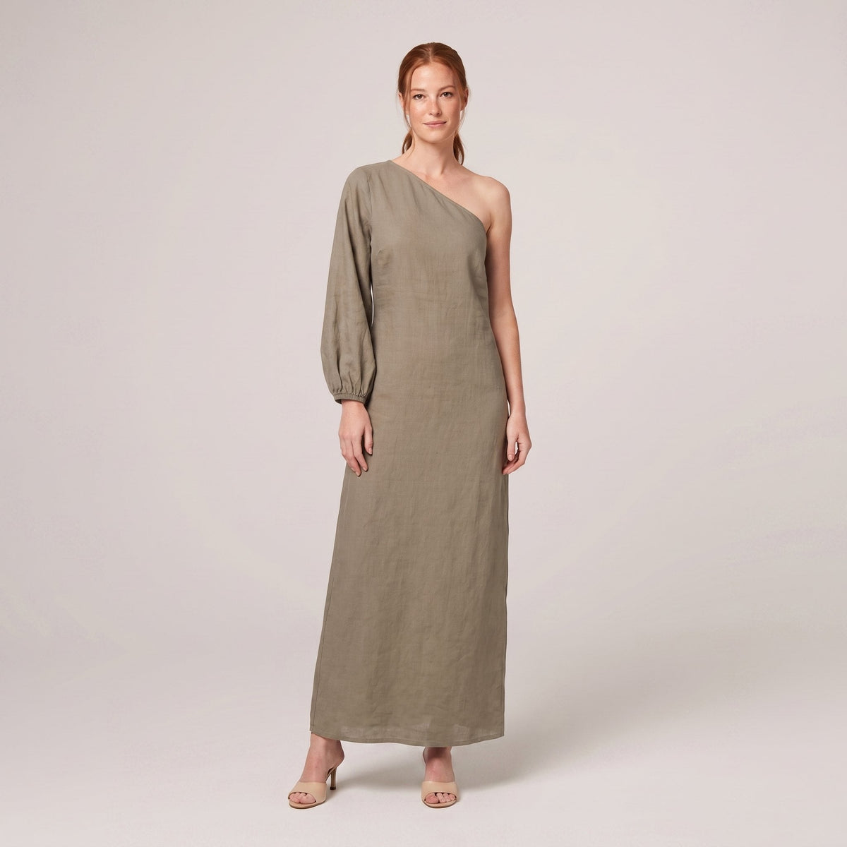 Khaki olive one-shoulder cotton-linen maxi dress on model