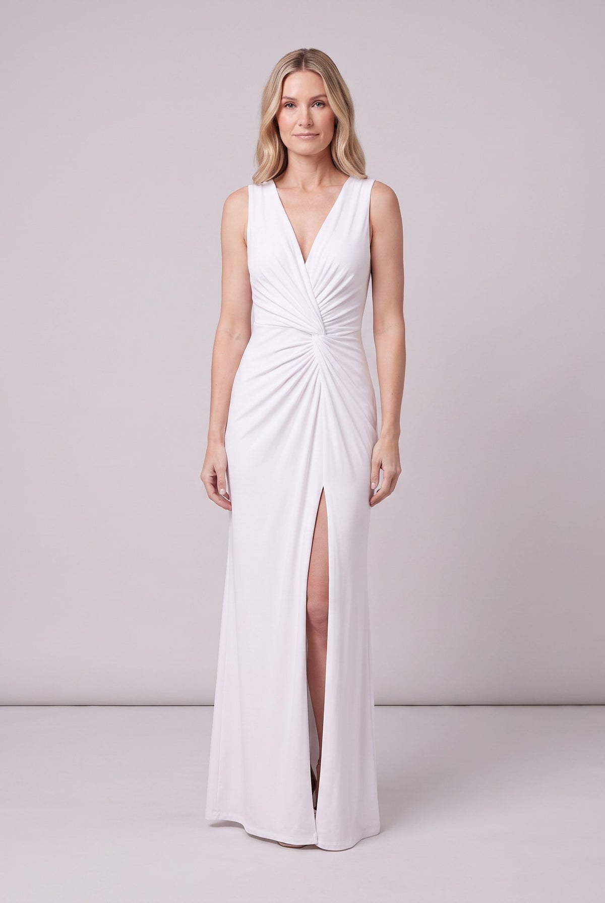 Perrine white maxi dress showing the ruched twist detail at the waist