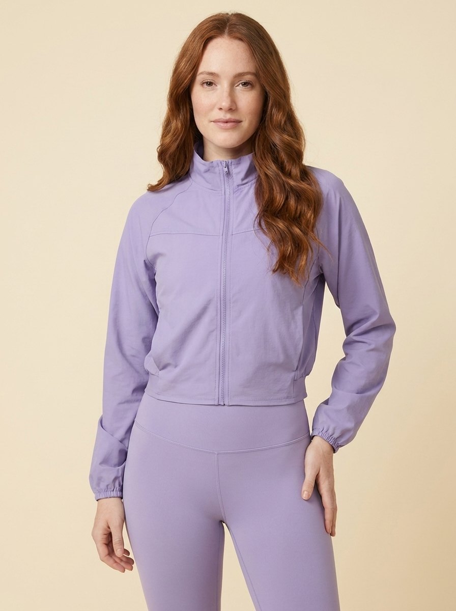 Cropped zip jacket in stretch woven fabric with a high collar, view 1