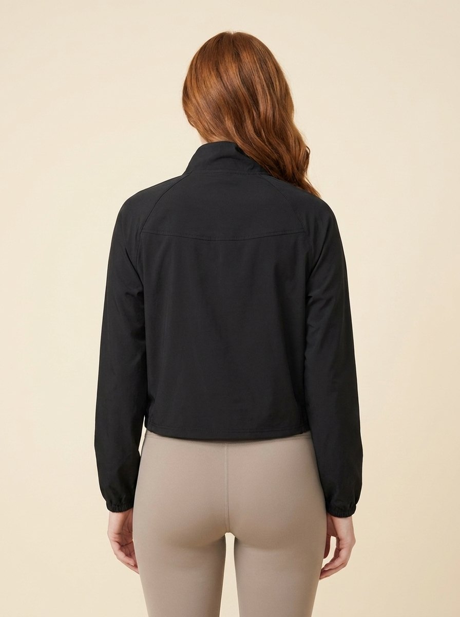 Cropped zip jacket in stretch woven fabric with a high collar, view 6