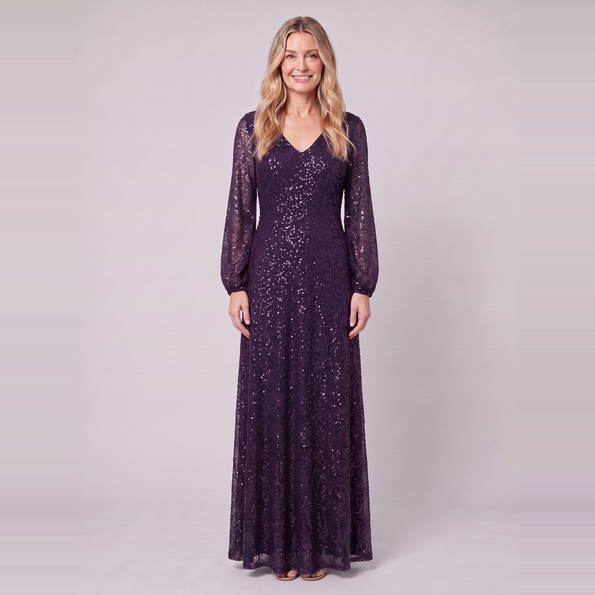Rayven sequin evening gown in dark purple, front view